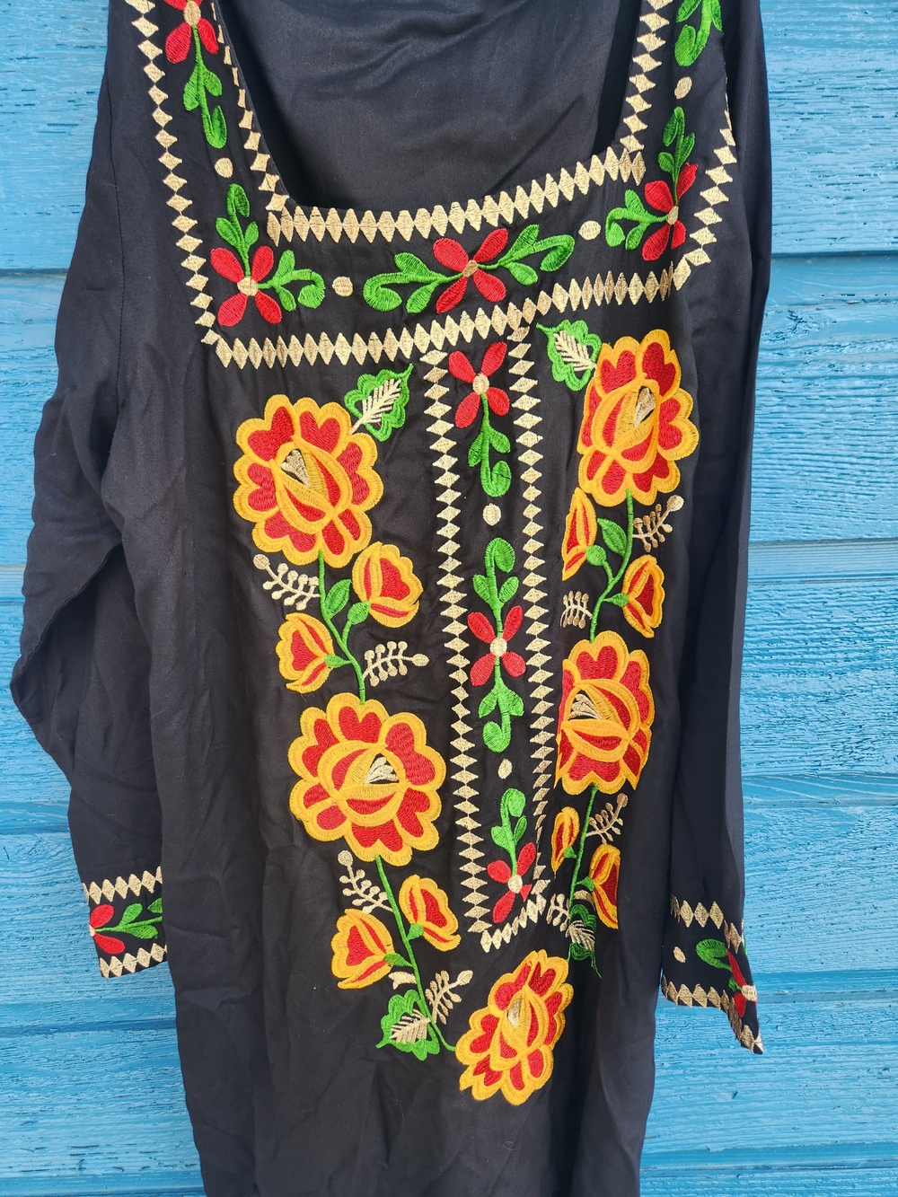 Black Mexican Embroidered Floral Tunic with Yellow & Red Accents - Picture 4 of 6